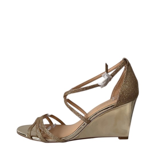 Jewel Badgley Mischka Hunt Wedge Sandals Ankle Strap 8.5 Metallic Gold Glitter - Picture 2 of 11